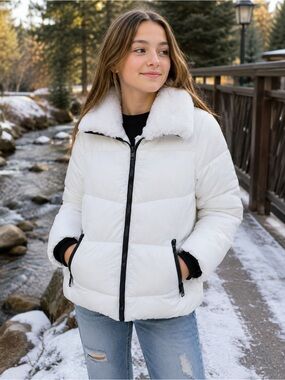 Steve Madden Girls White Puffer Jacket | Faux Fur Coat | Large Zip Front Jacket
